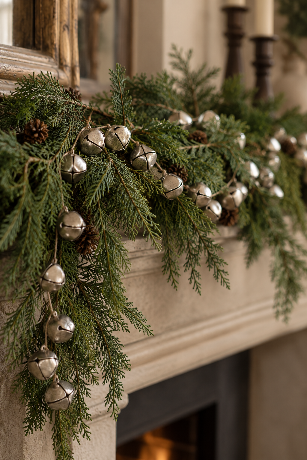 rustic mantle with silver metal bells garland