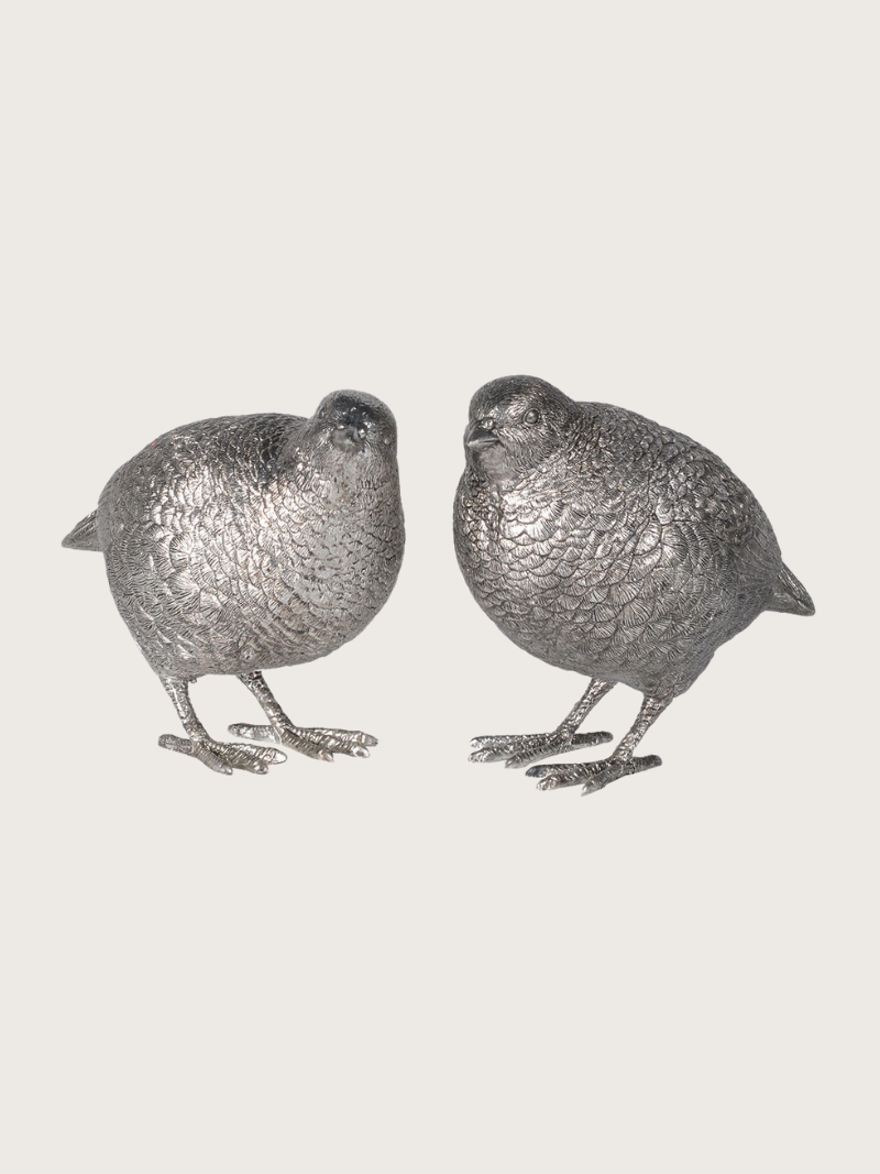 Two silver bird figurines on a light gray background