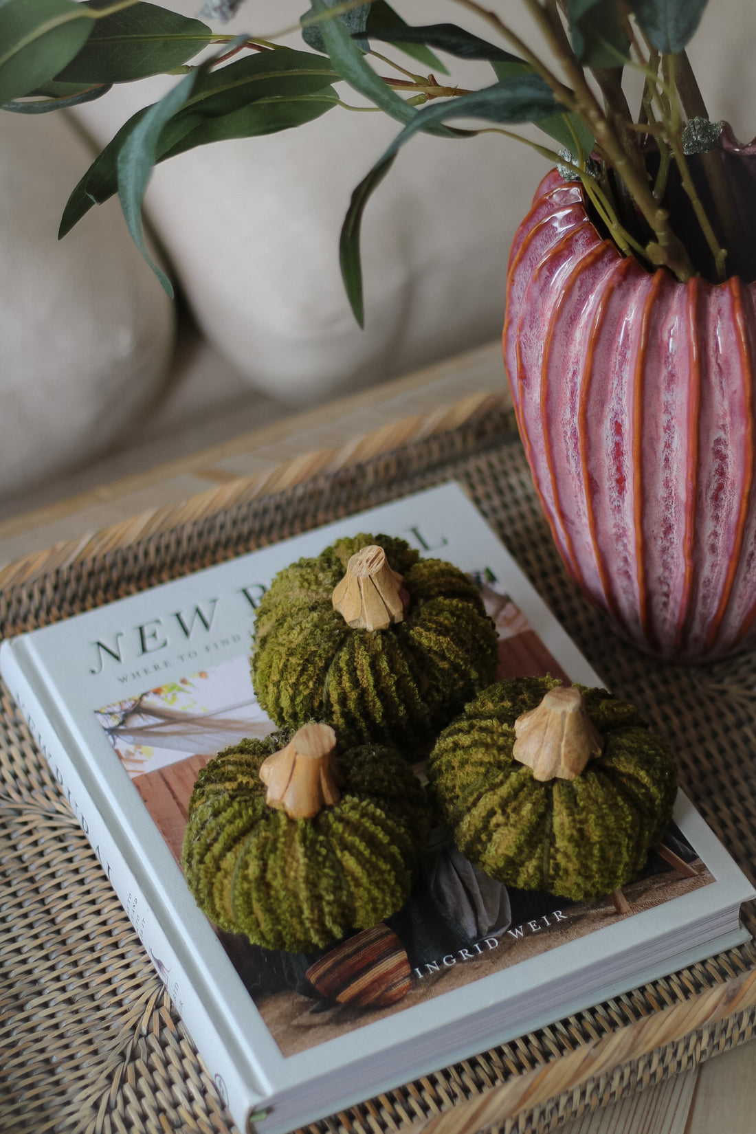 Small Olive Green Pumpkin with Wooden Stalk