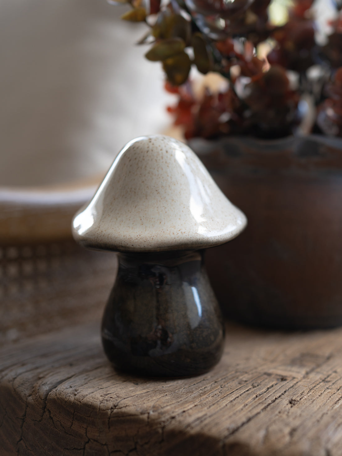 Small Stoneware Glazed Brown Mushroom Ornament