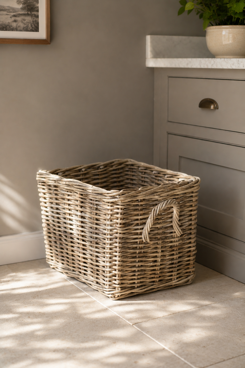 Small Wicker Basket with Handles in modern country style kitchen