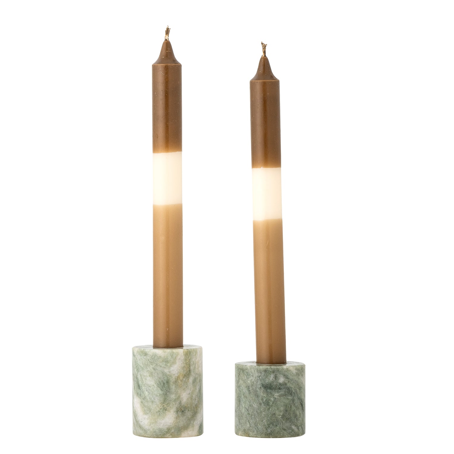 Two candles in marble holders on a white background