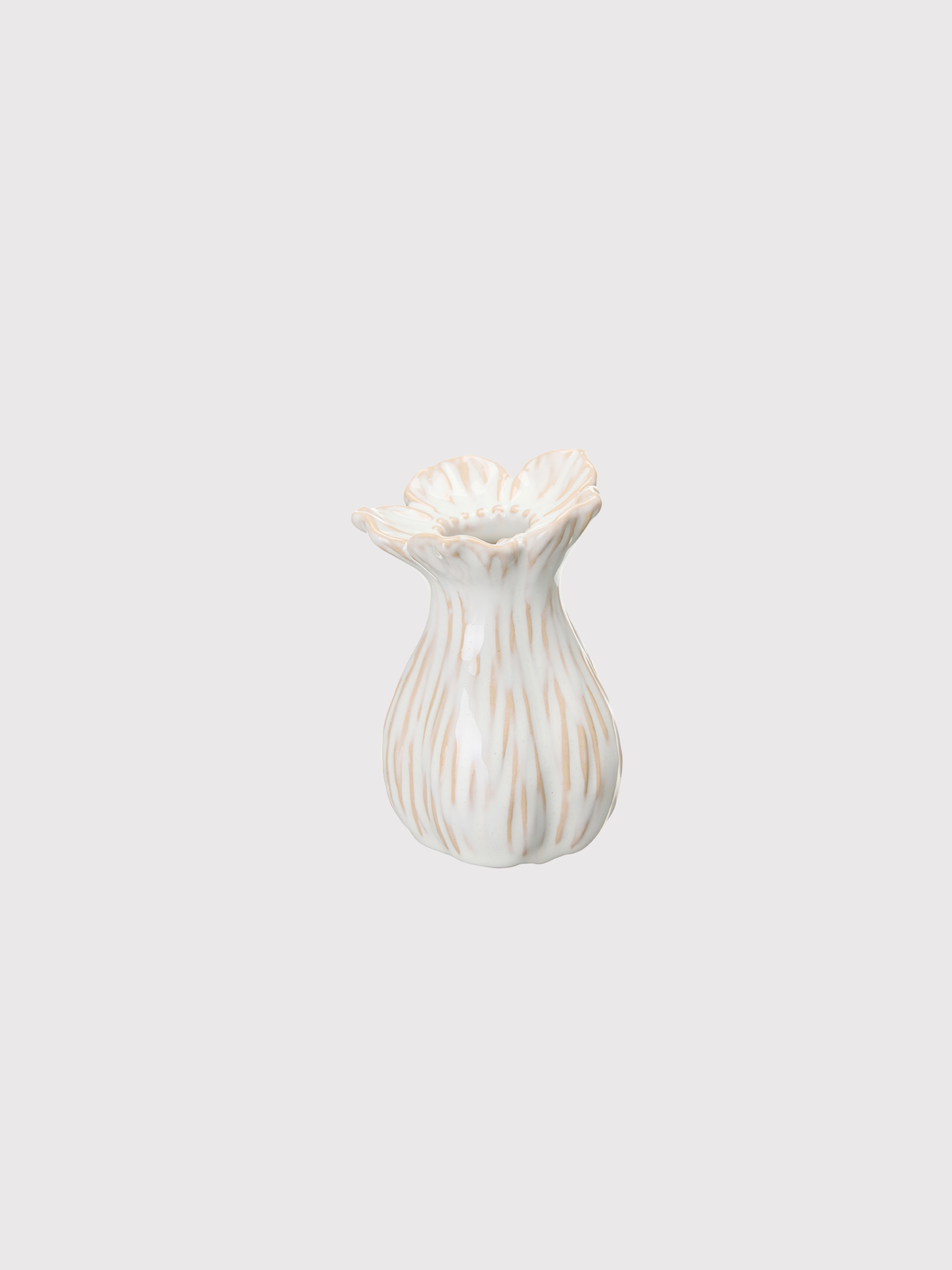White ceramic bud vase with decorative patterns on a light gray background