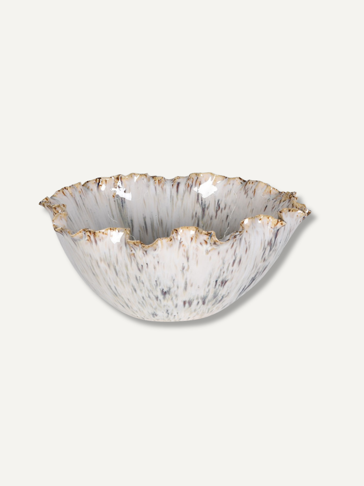 A decorative ceramic bowl with a fluted, ruffled rim, featuring a textured speckled pattern in white, gray, and brown with subtle gold accents along the edge, set against a solid off-white background.