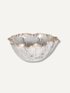 A decorative ceramic bowl with a fluted, ruffled rim, featuring a textured speckled pattern in white, gray, and brown with subtle gold accents along the edge, set against a solid off-white background.