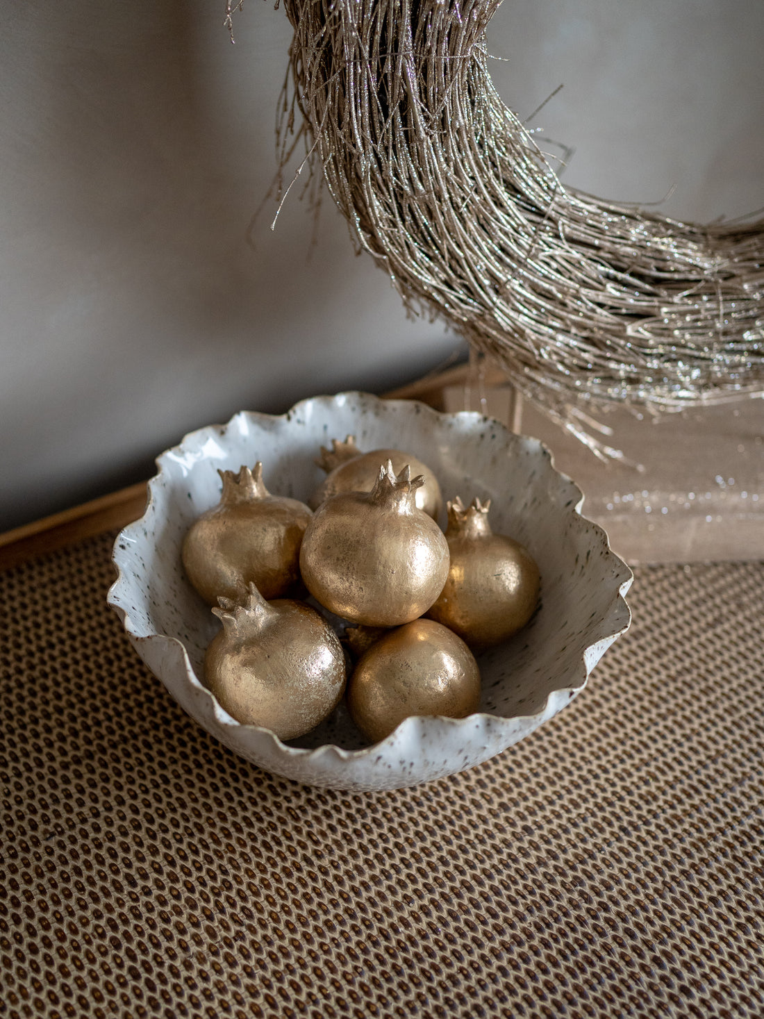 Speckled Reactive Glazed Bowl &amp; Six Gold Pomegranates Styling Bundle