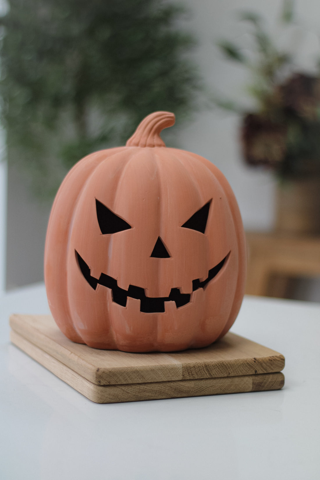 Summerween inspired autumn terracotta pumpkin with spooky face