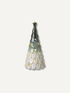 A large decorative Christmas tree figurine with a dark green to light blue gradient upper section, a white textured lower section, and small gold star accents, shown on a plain light background.
