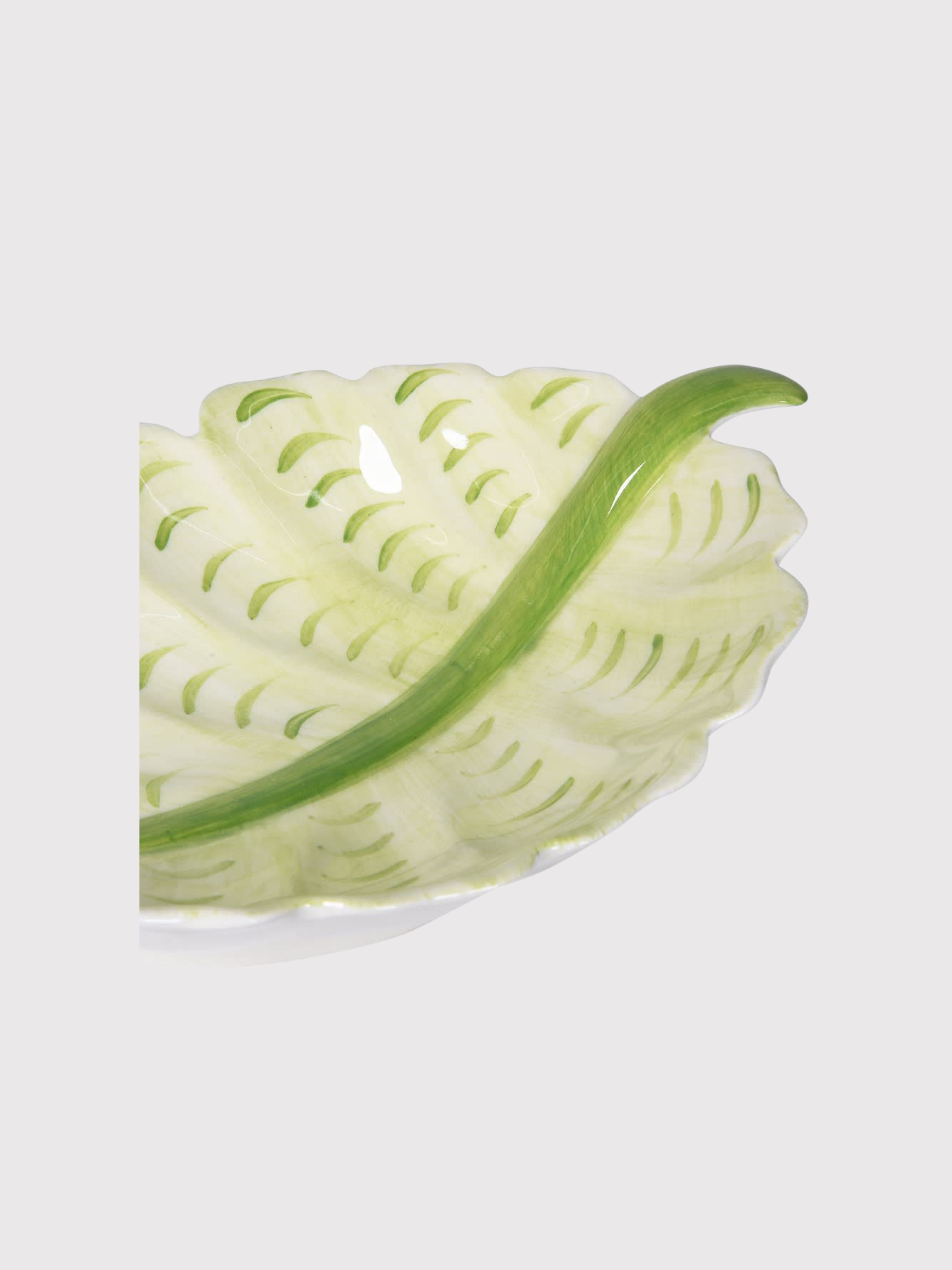 Green leaf plate with a textured surface on a light gray background
