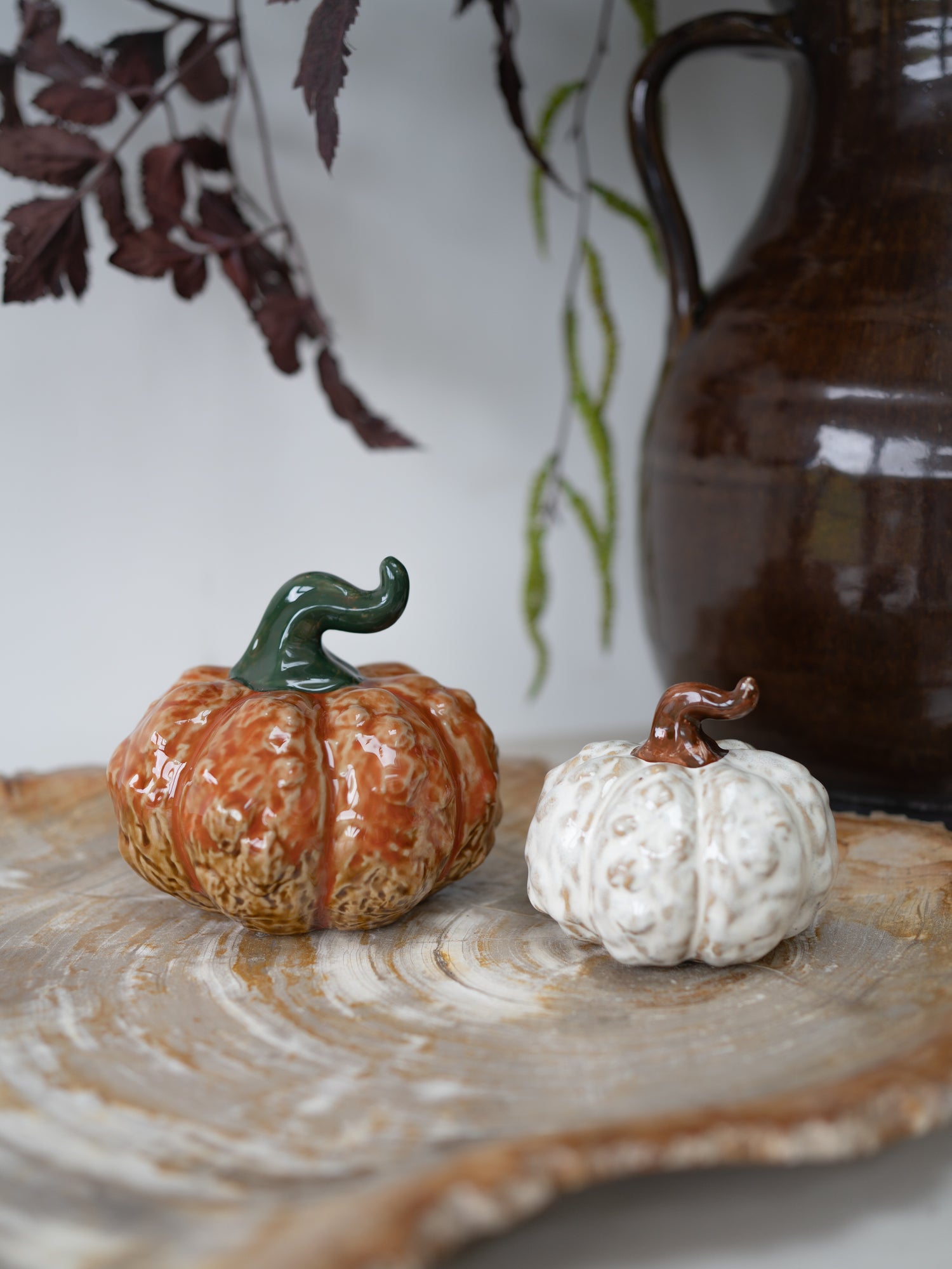 Stoneware Knobbly Pumpkin Ornament in white and orange, autumn inspired decoration