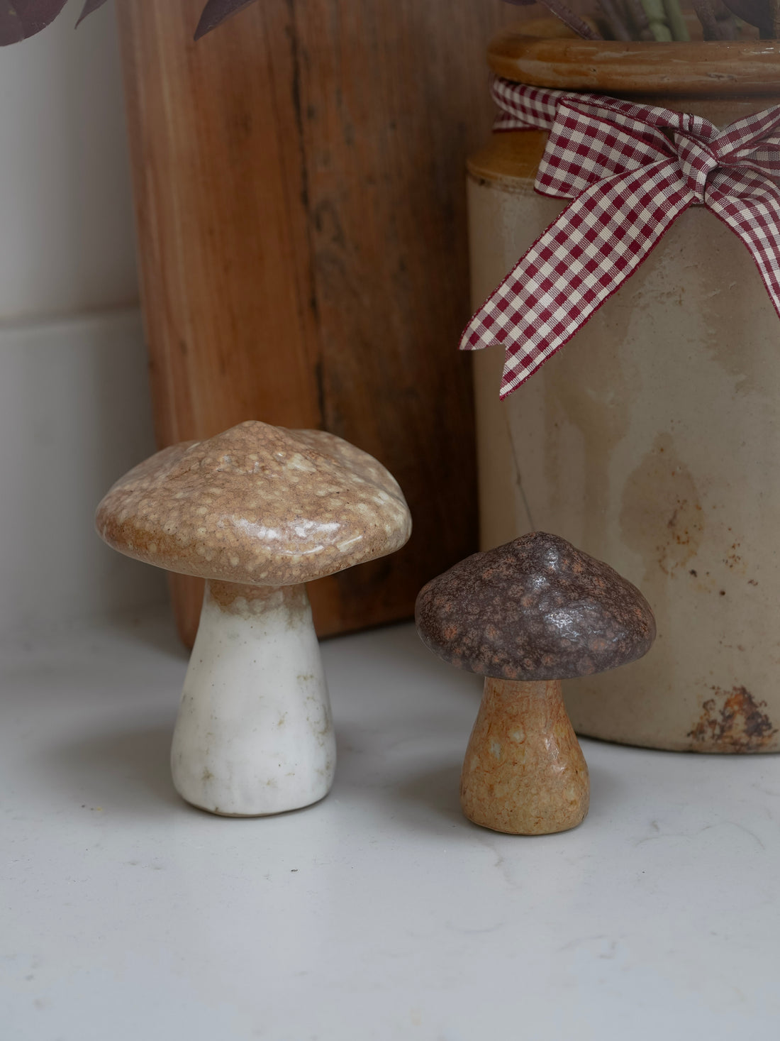 Two ceramic mushrooms on a white surface with a wooden box and checkered ribbon in the background.