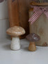 Two ceramic mushrooms on a white surface with a wooden box and checkered ribbon in the background.