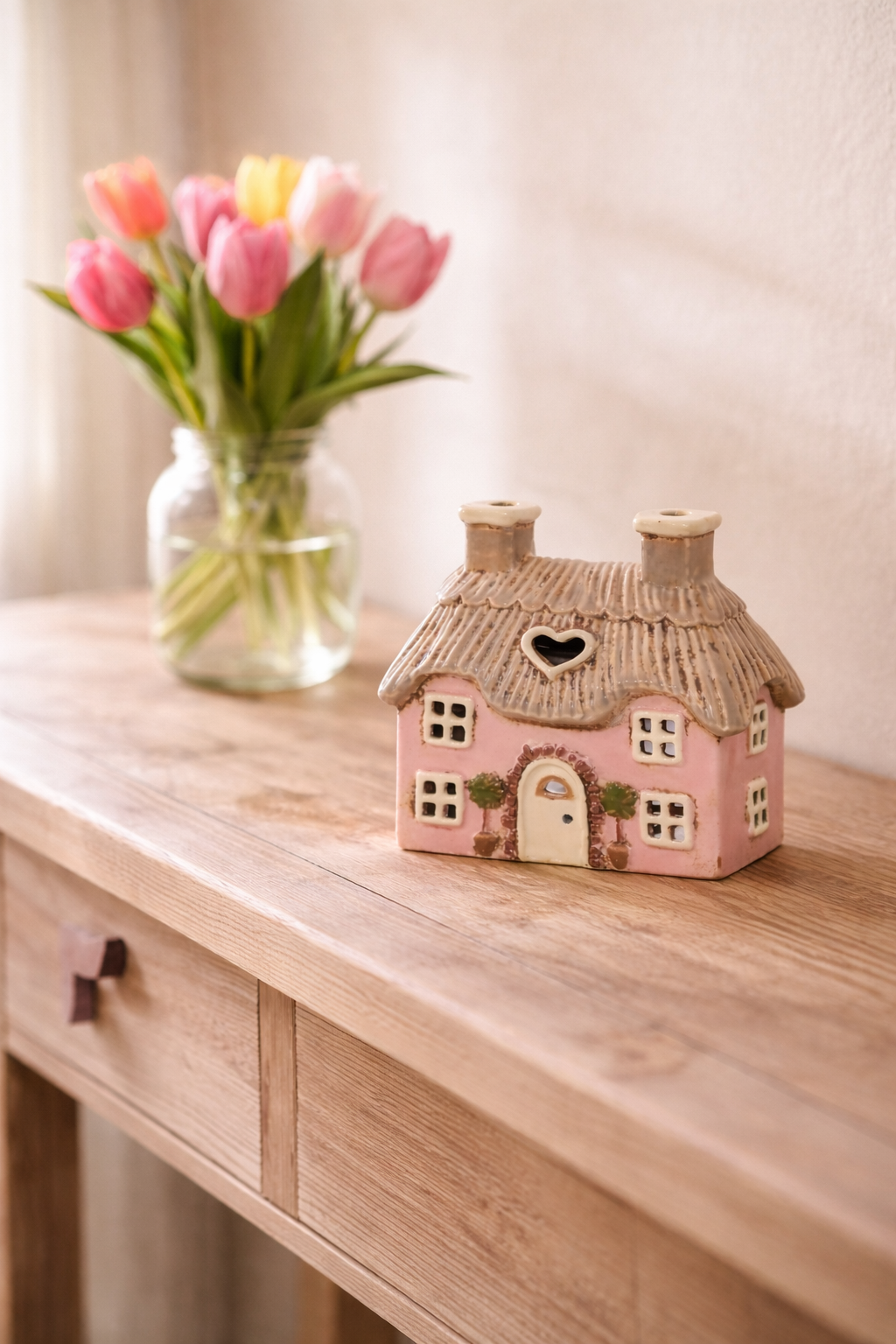 Stoneware Pink Thatched Cottage Tea Light Holder