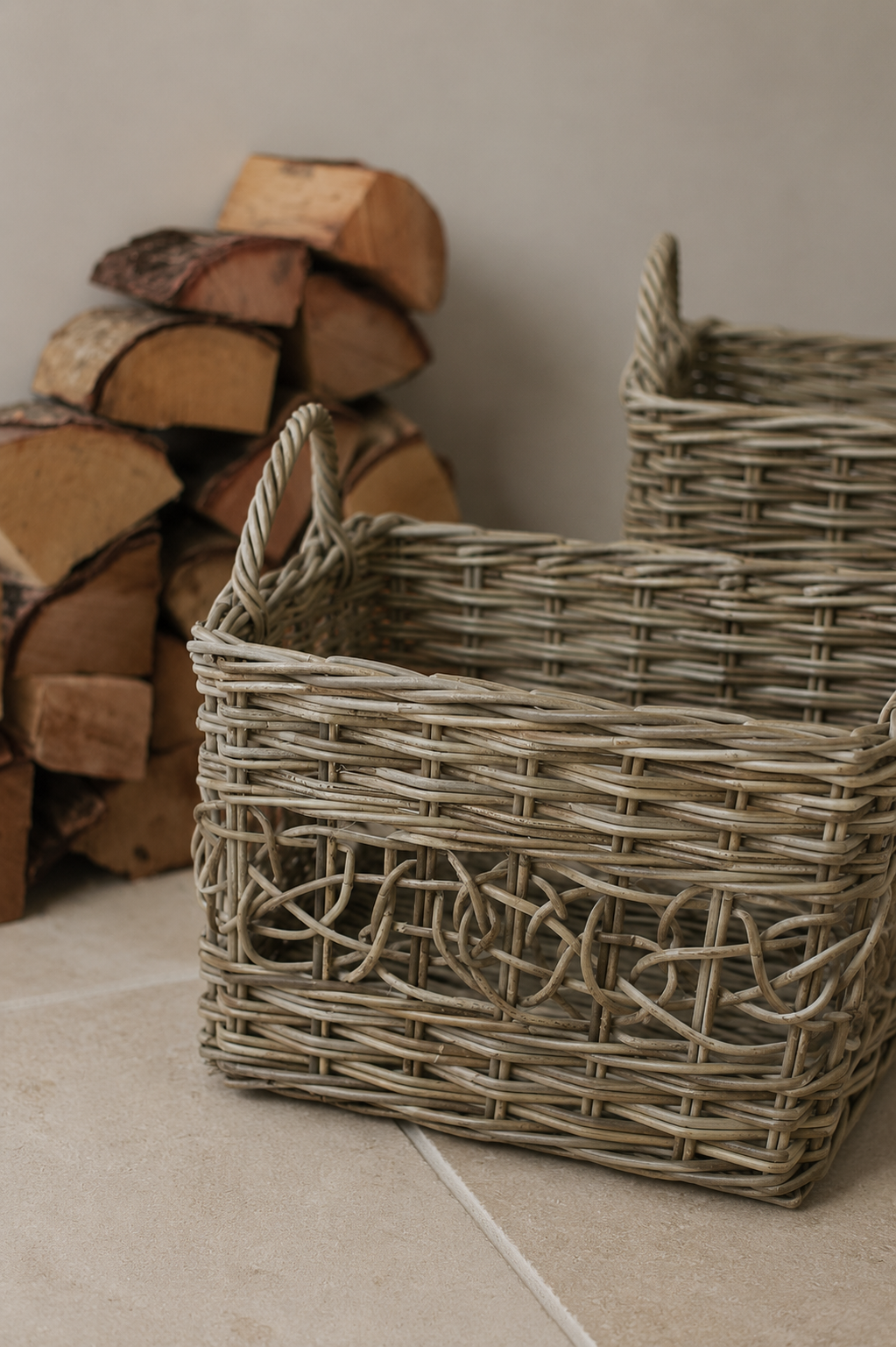 Wicker basket on a tiled floor with stacked firewood in the background