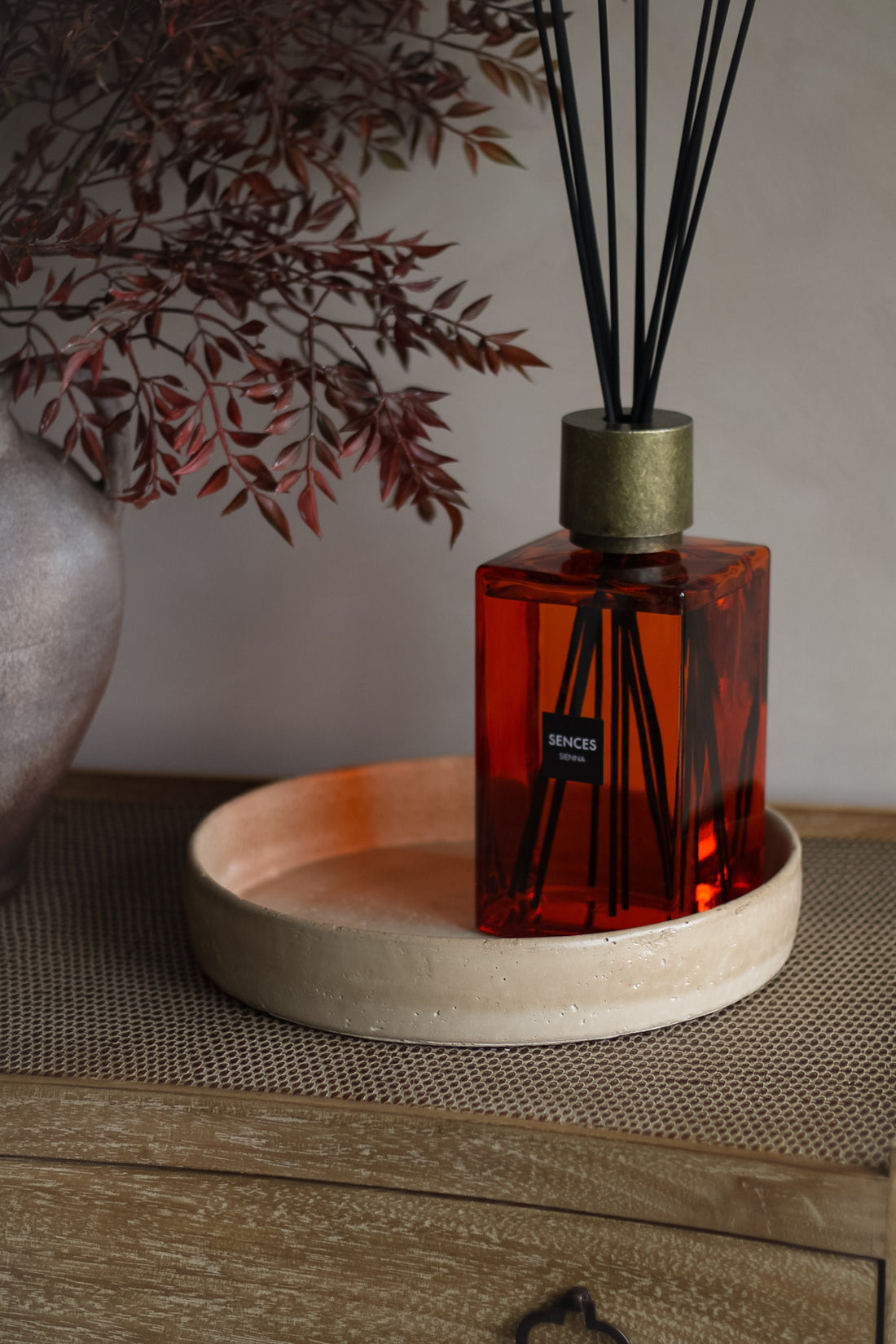 Red diffuser bottle with black reeds on a wooden surface with a plant in the background