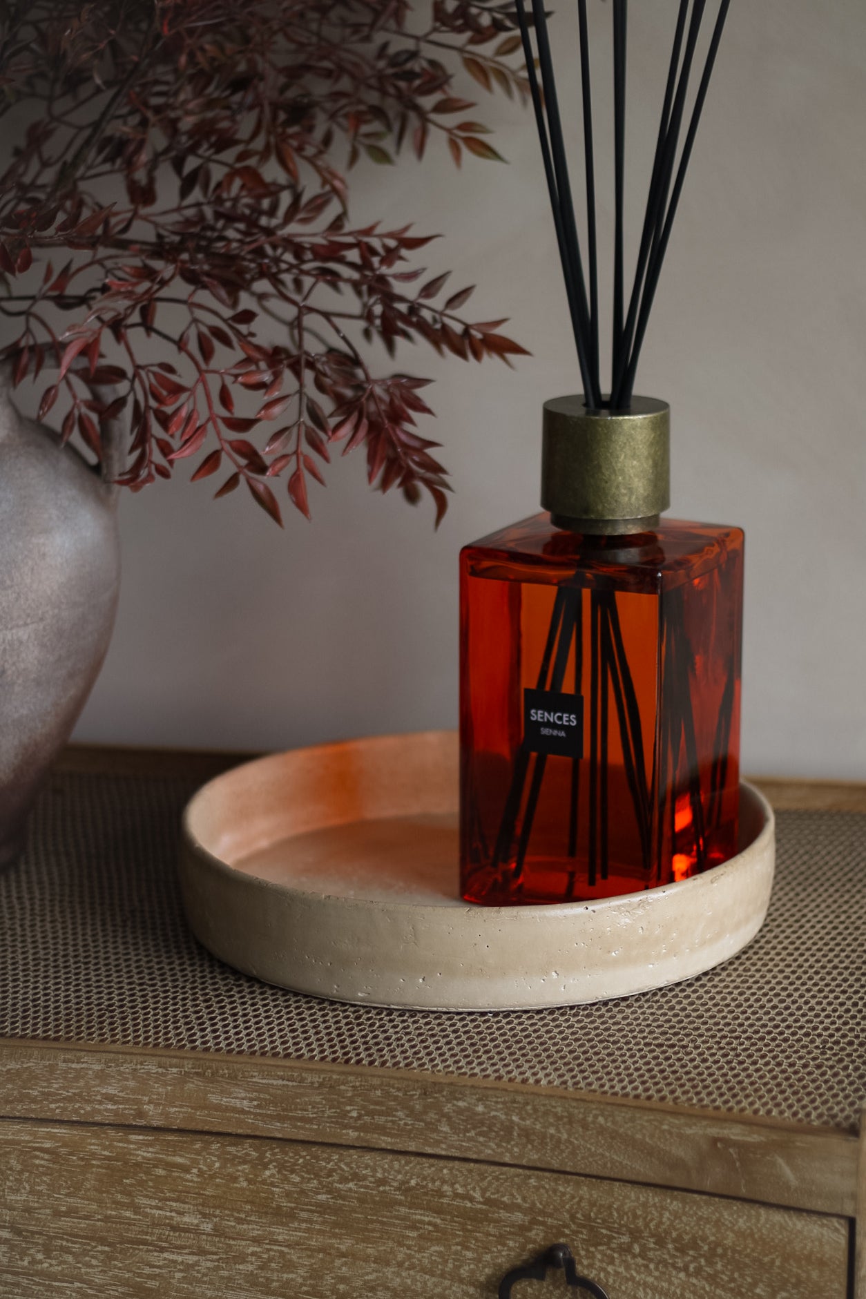 Red diffuser bottle with black reeds on a wooden surface with a plant in the background