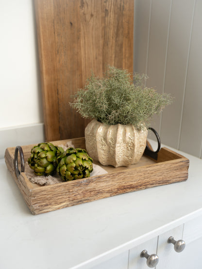 Decorative tray with artichokes and a decorative plant pot with faux spanish moss on a white surface.