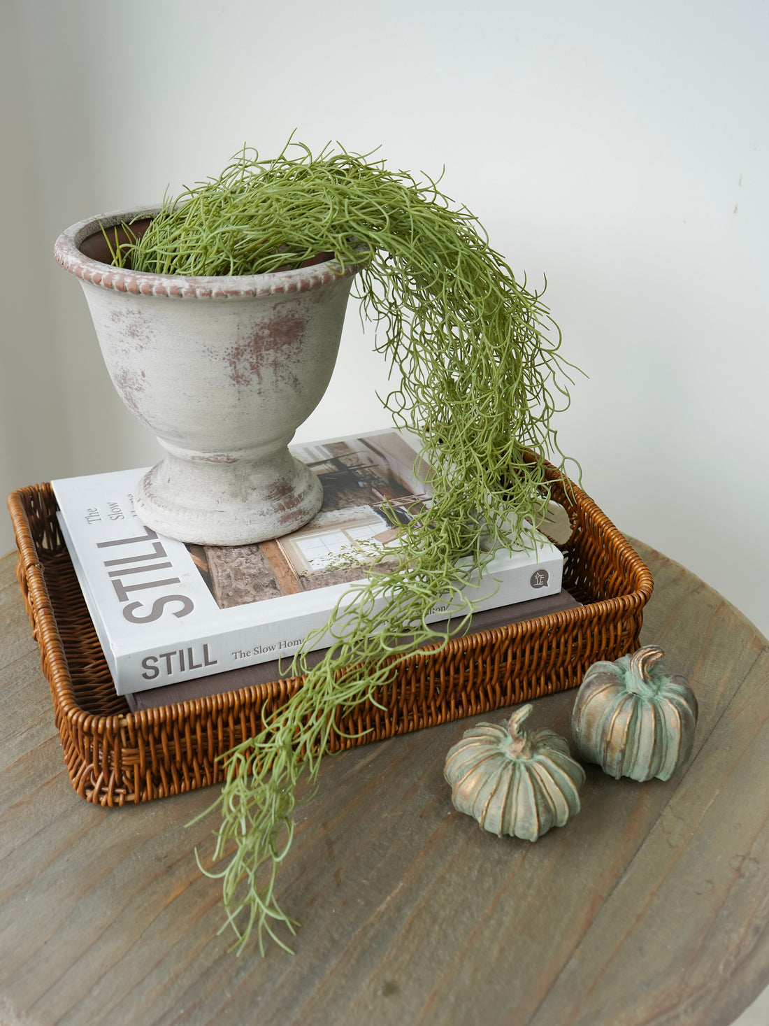 Decorative setting with a white vase, greenery, books, and small pumpkins on a wooden surface.