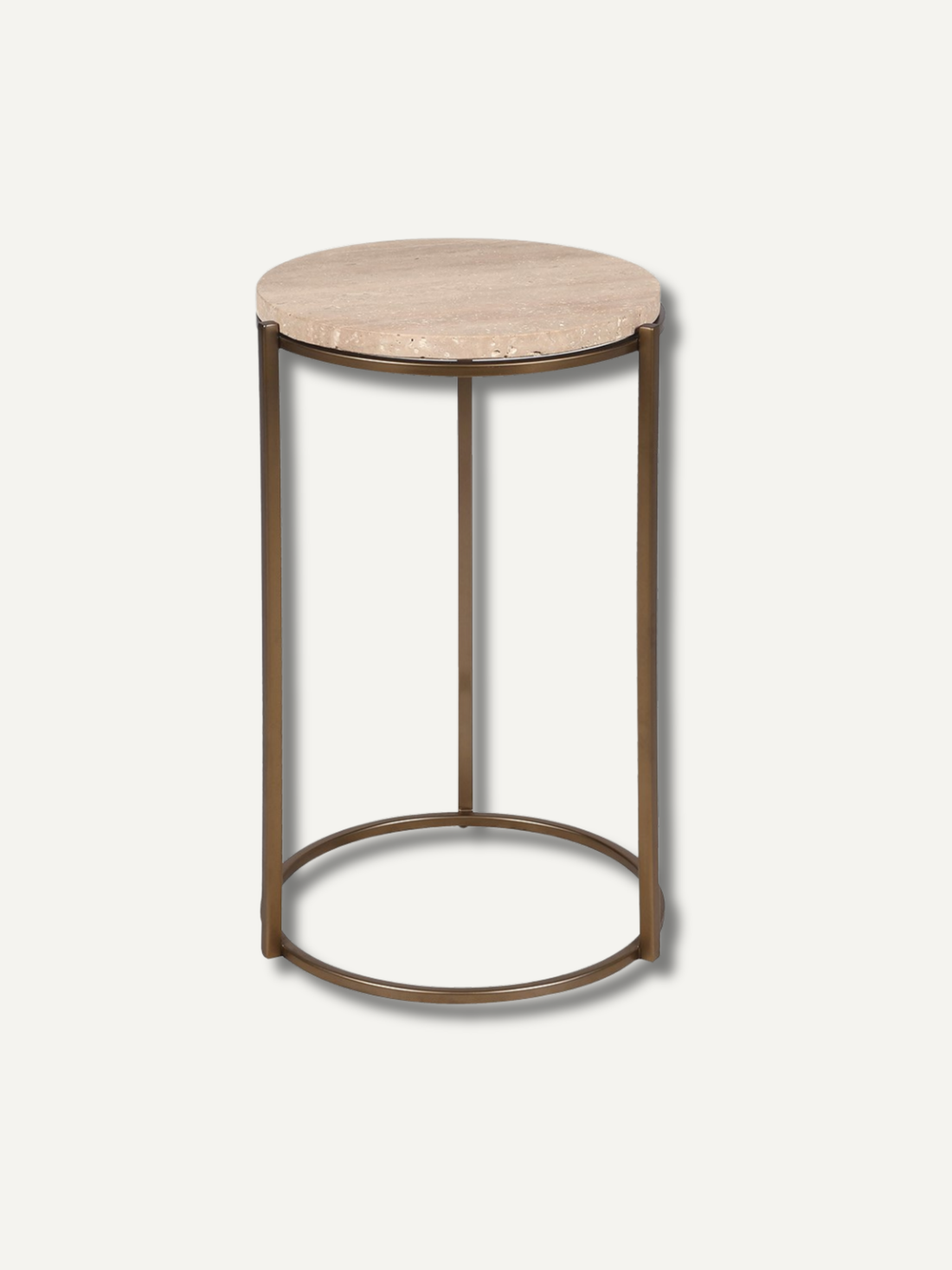 Small round side table with travertine top and bronze metal frame on a white background