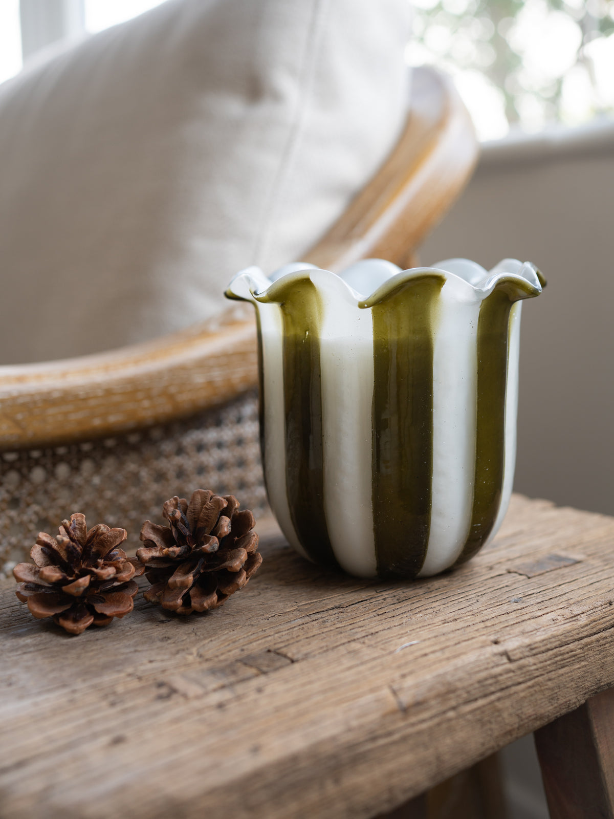 Tuberose Scented Scallop Edge Olive Stripe Candle