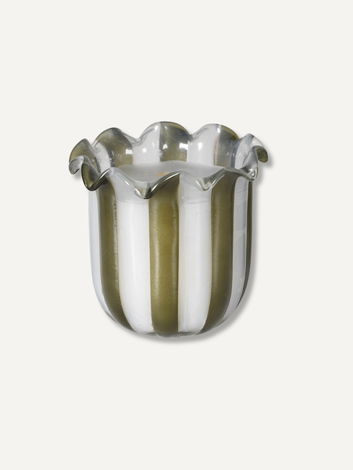 A small tulip-shaped glass candle with vertical olive green and white stripes and a scalloped rim, shown on a light off-white background.