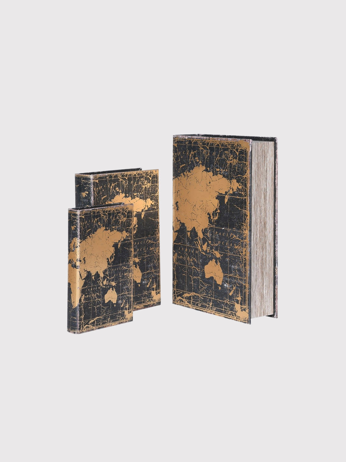 three vintage-style world map books on a light gray background
