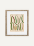 Framed botanical art print featuring vintage illustrations of various green and red bean pods on a beige background, enclosed in a light wood frame with a white mat.