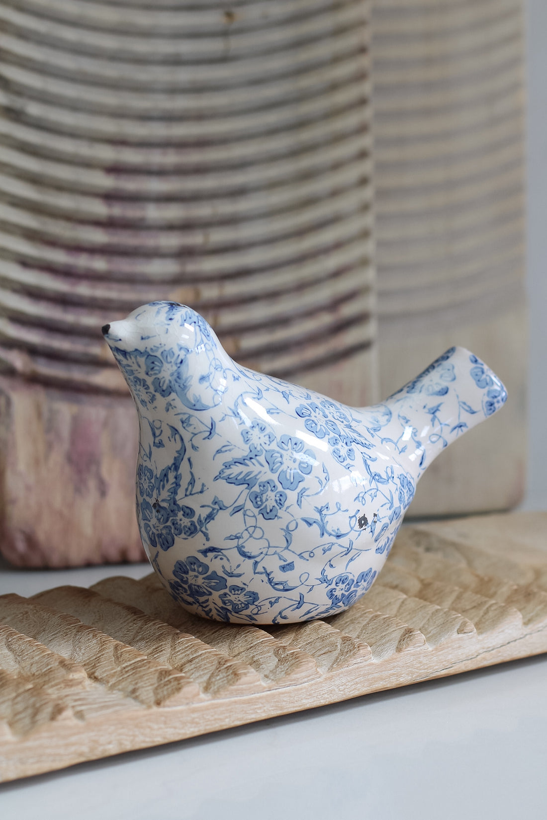 Vintage Blue Floral Ceramic Bird