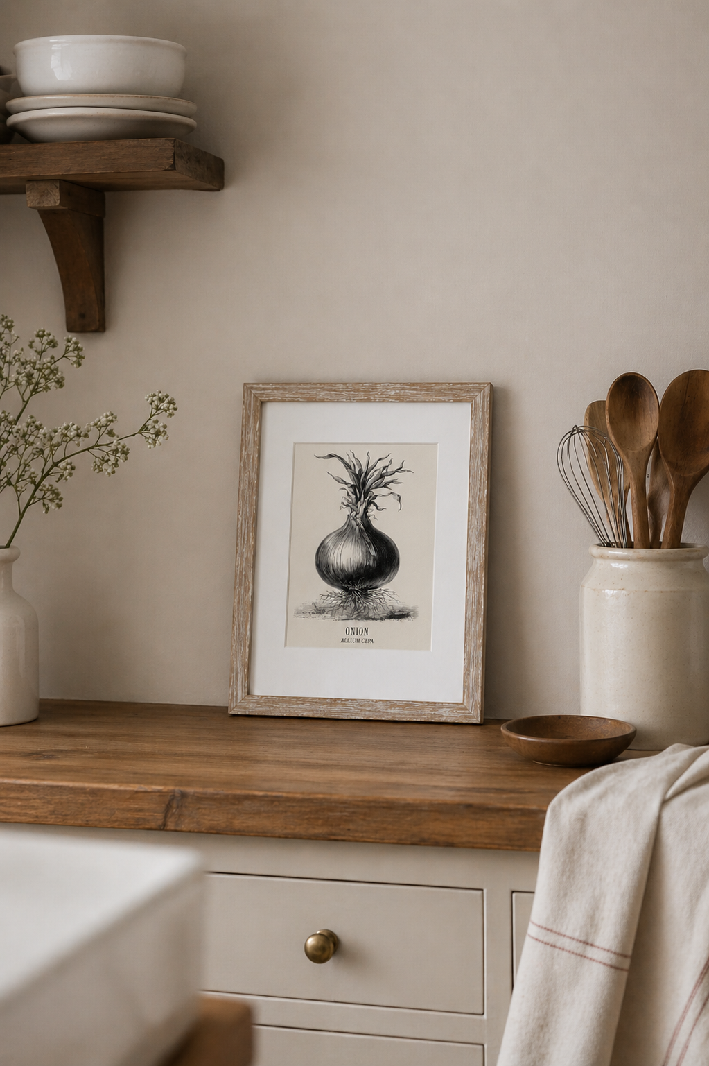 Kitchen counter with framed artwork, wooden spoons, and a vase.