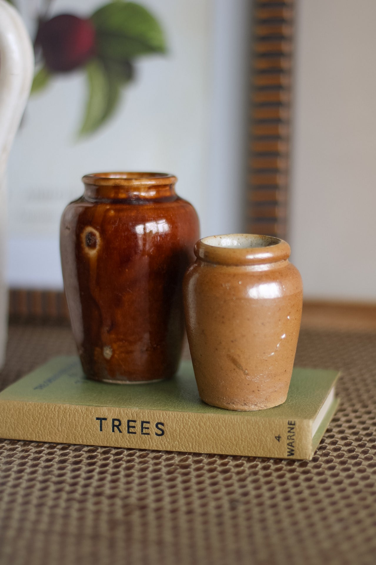 Two ceramic jars on a book titled &