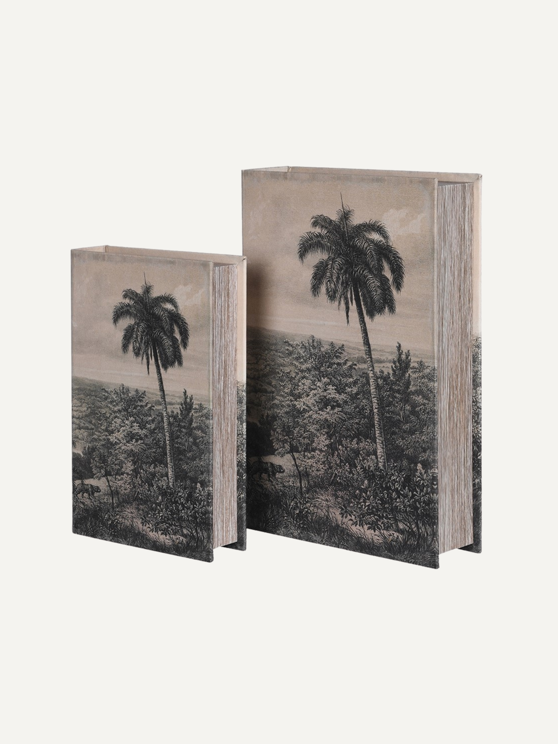 Two decorative storage book boxes with palm tree design on a white background