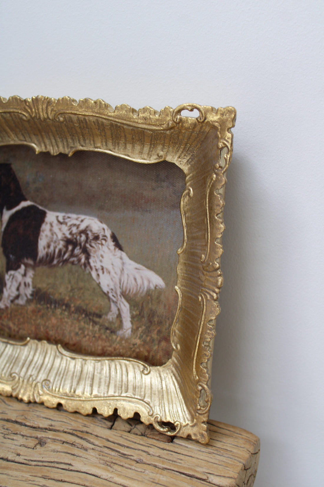 Decorative gold frame with a painting of a dog on a wooden surface.