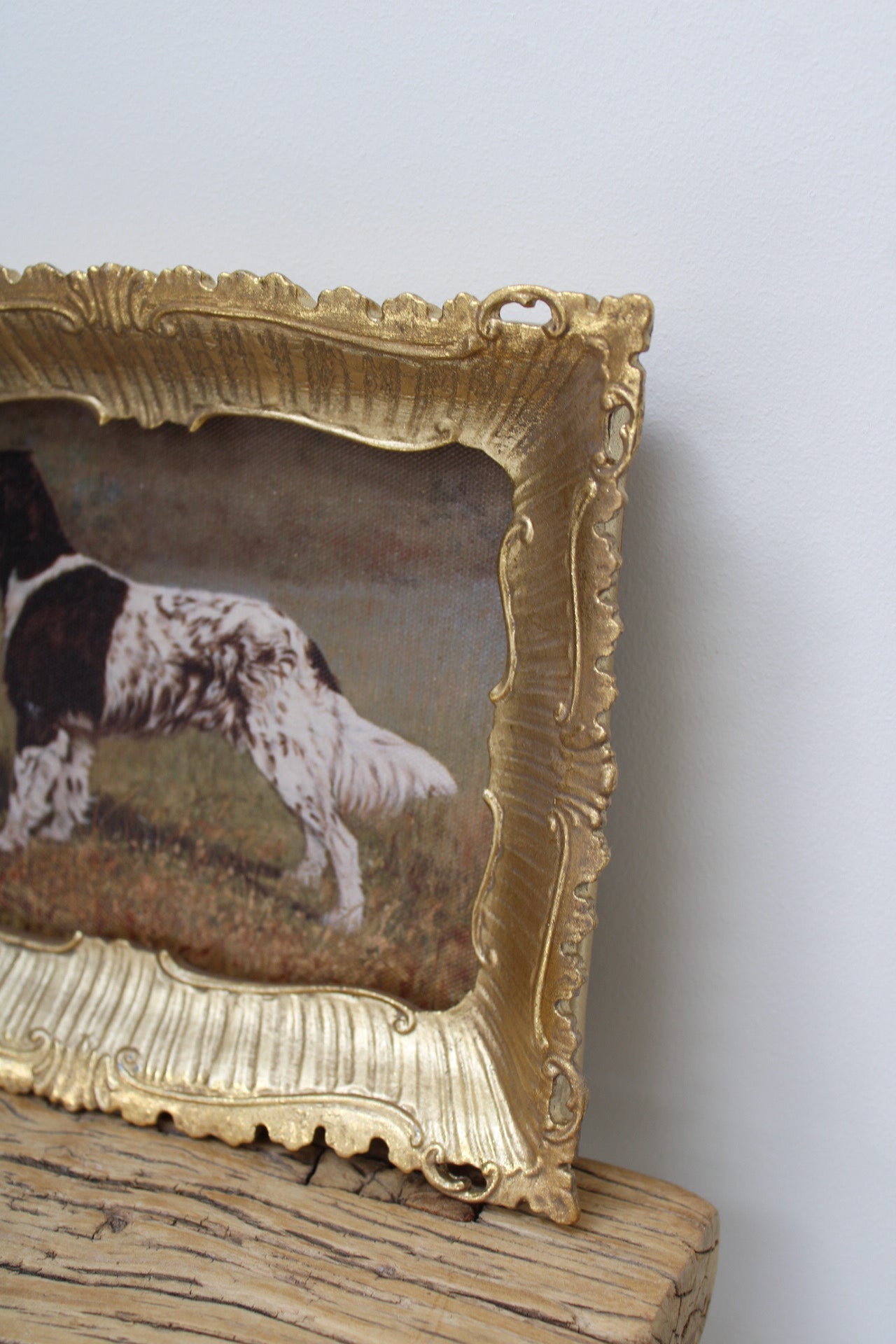 Decorative gold frame with a painting of a dog on a wooden surface.