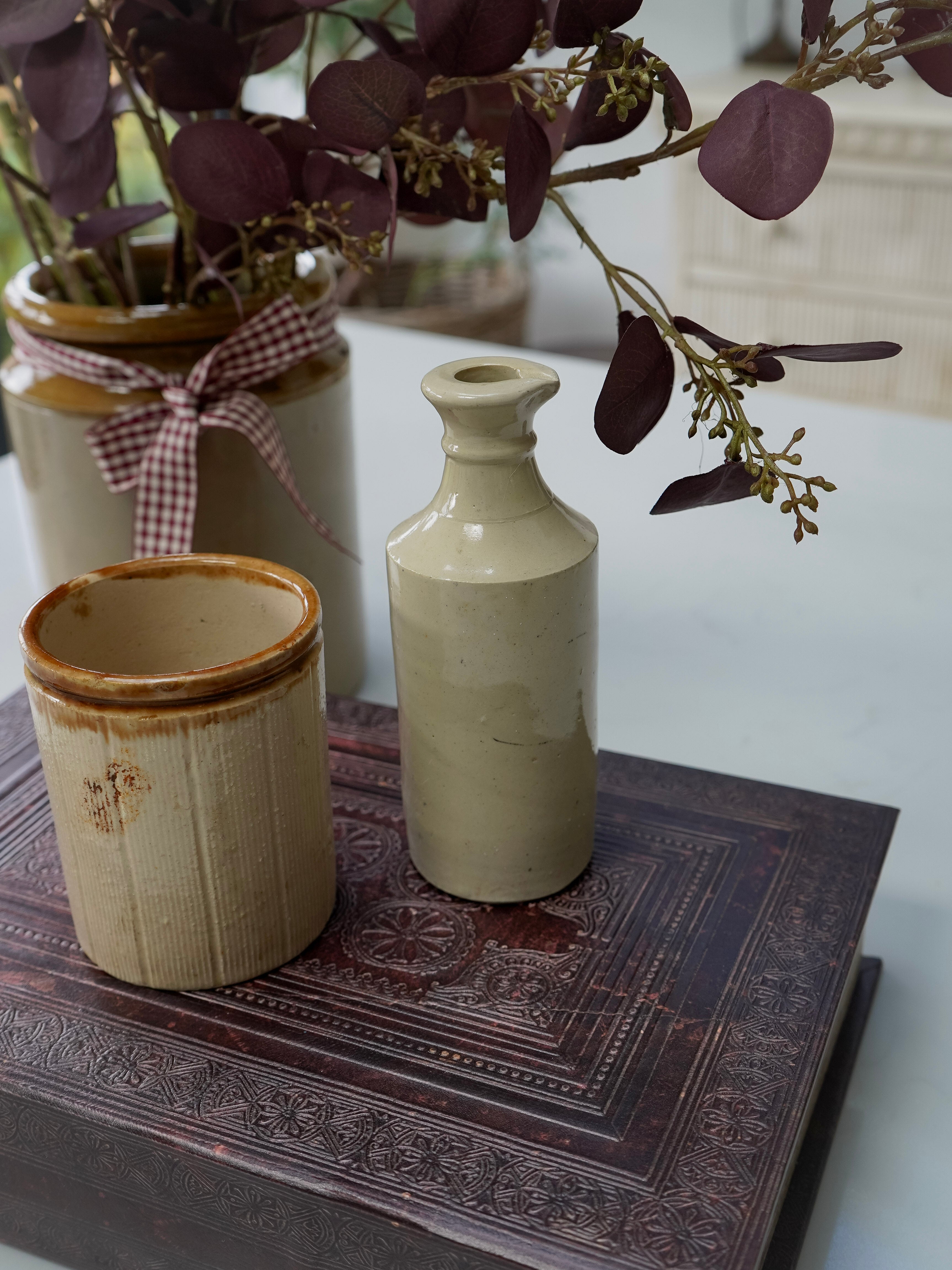 Two ceramic jars on a textured surface with plants in the background