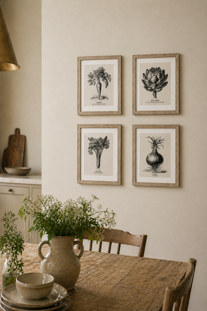 Vintage Vegetable Framed Wall Art gallery in a kitchen with a vintage style wooden dining table with jug of flowers