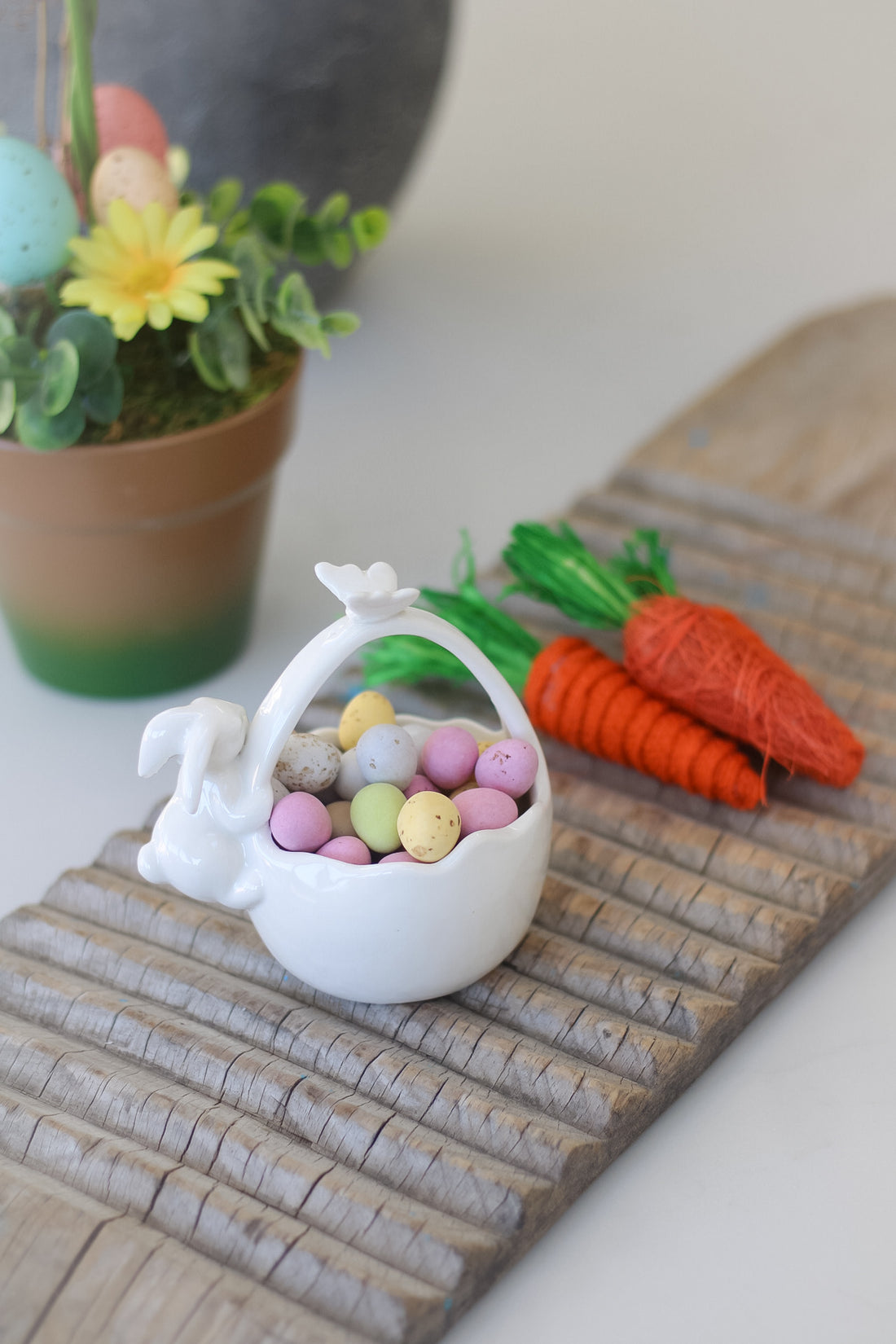 White Ceramic Posy Basket with Little Bunny