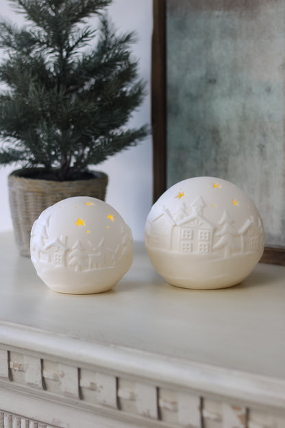 White Embossed Ceramic LED Christmas Scene Ball Ornament 001
