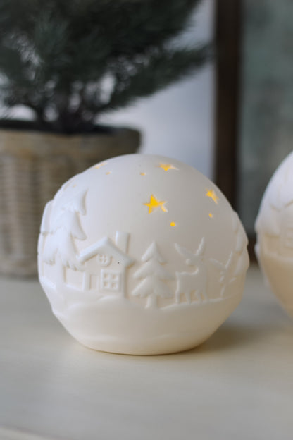 White Embossed Ceramic LED Christmas Scene Ball Ornament 002