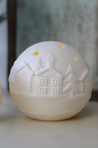 White Embossed Ceramic LED Christmas Scene Ball Ornament 003
