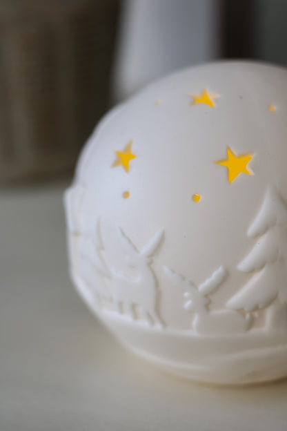 White Embossed Ceramic LED Christmas Scene Ball Ornament 005