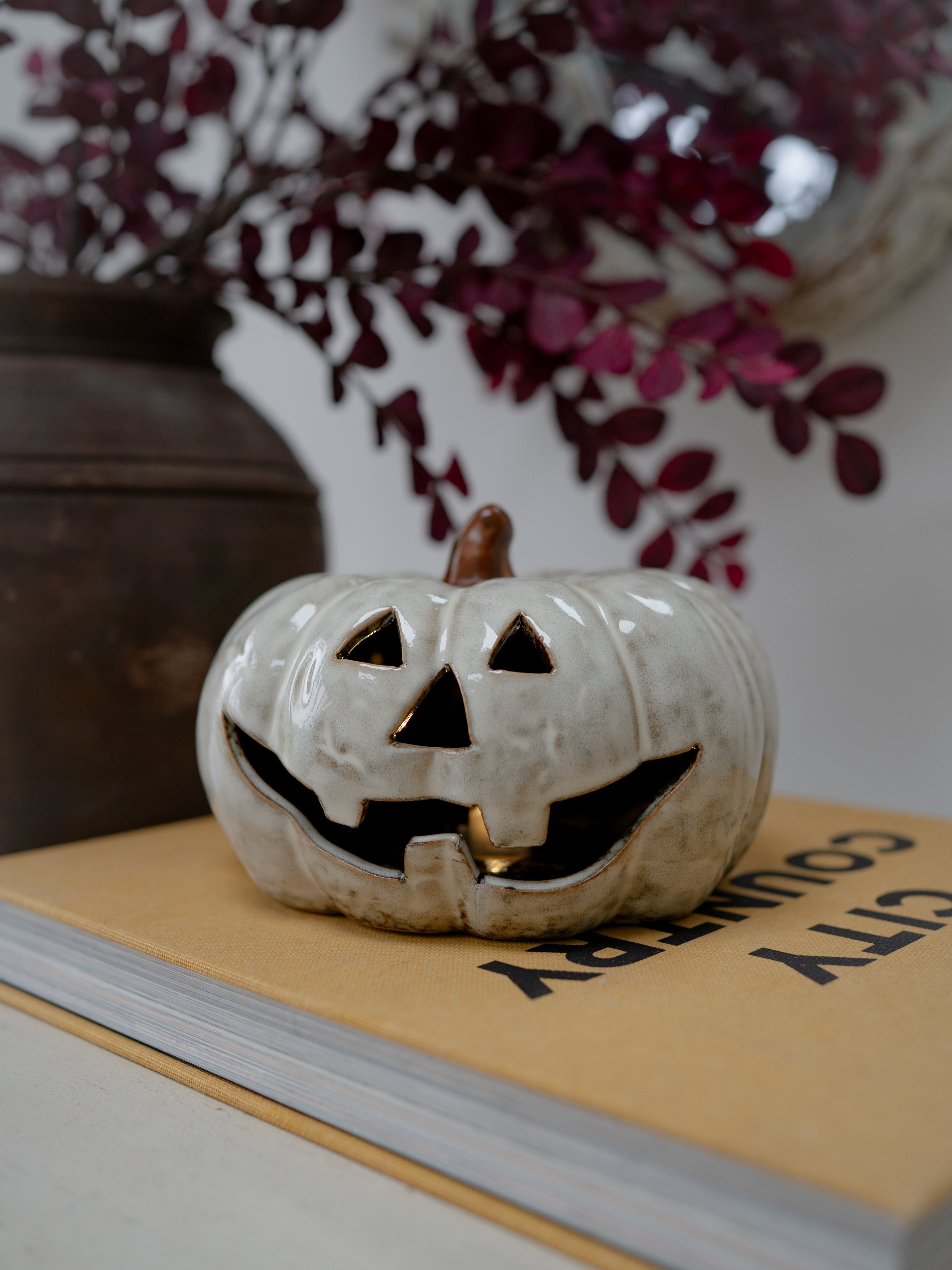 White Glazed Stoneware Pumpkin LED Ornament, autumn inspired halloween ornament
