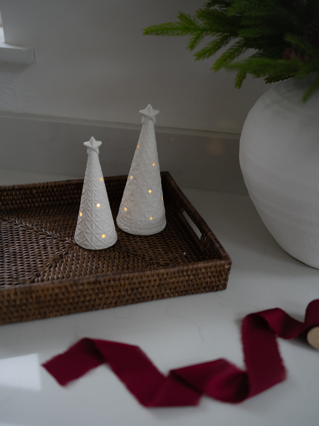 White LED Christmas Trees &amp; Rattan Tray Styling Bundle