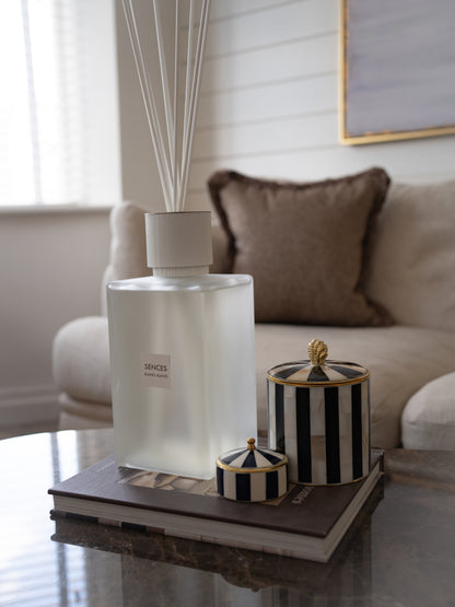 A frosted glass reed diffuser bottle with white reeds stands on a tray coffee table two black-and-white striped decorative boxes with gold trim in a softly lit living room setting.