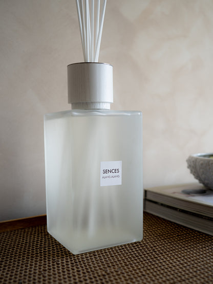 A frosted glass reed diffuser bottle with a white cap and diffuser sticks, labeled &