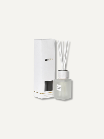 A reed diffuser bottle with translucent glass, white reeds, and a white cap, shown next to its tall white box on a light warm gray background. The box is labeled &