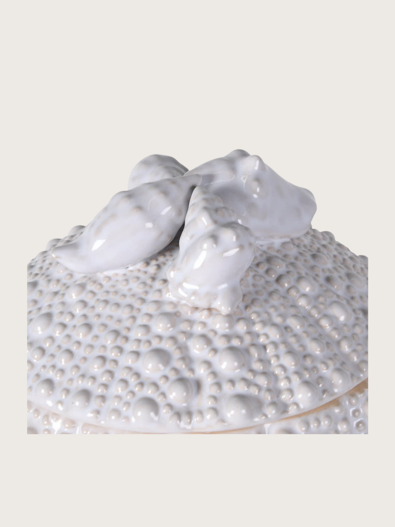 Decorative ceramic piece with two seashells on a textured base