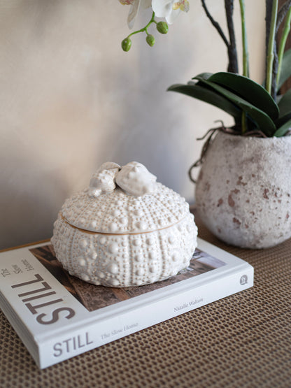 Decorative white textured urchin jar on a book with a vase of flowers in the background