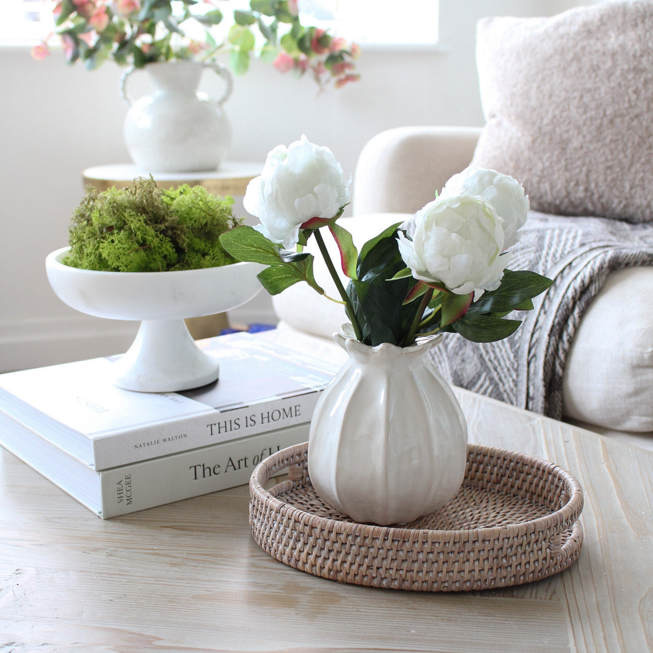 White Washed Natural Rattan Small Oval Tray