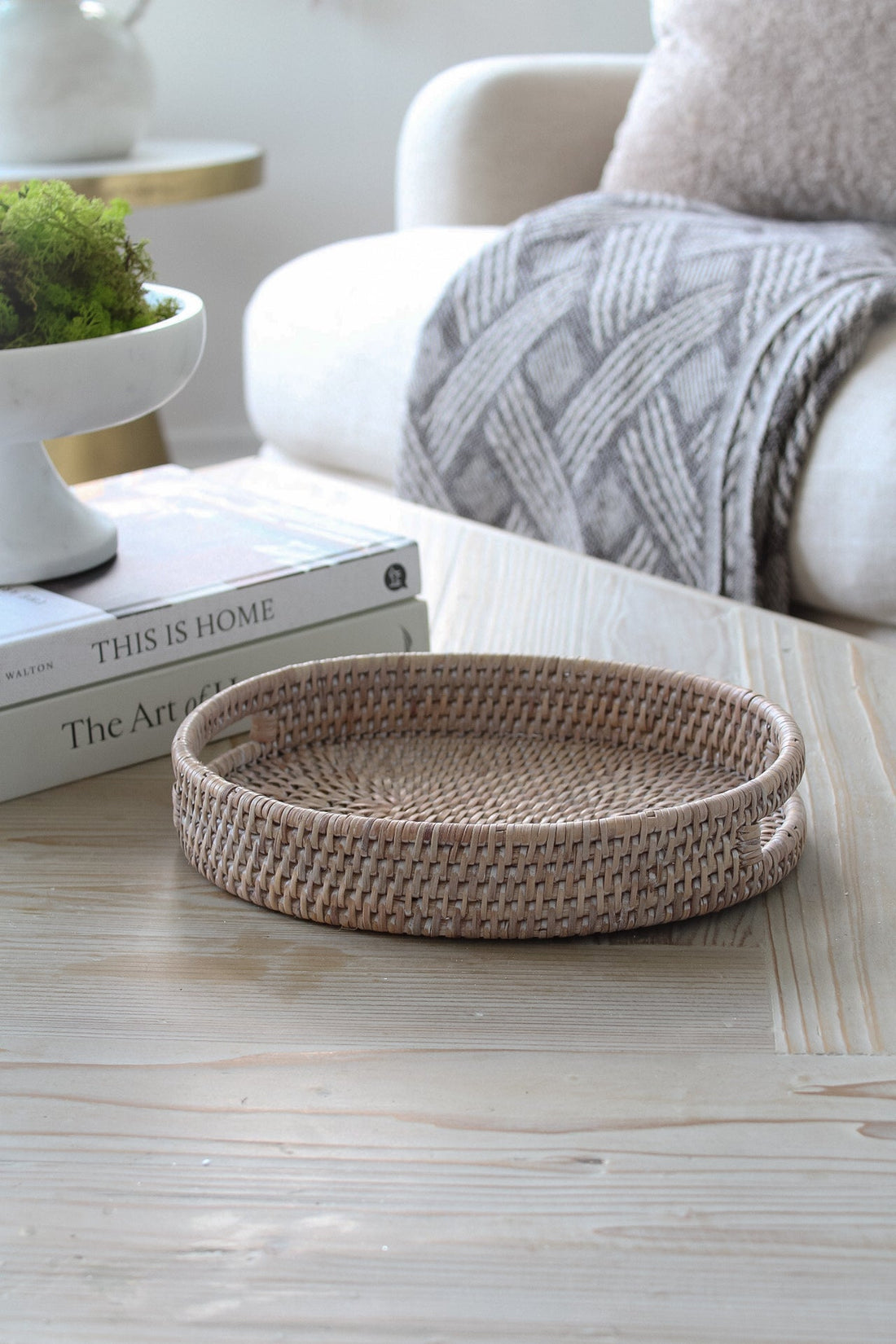 White Washed Natural Rattan Small Oval Tray