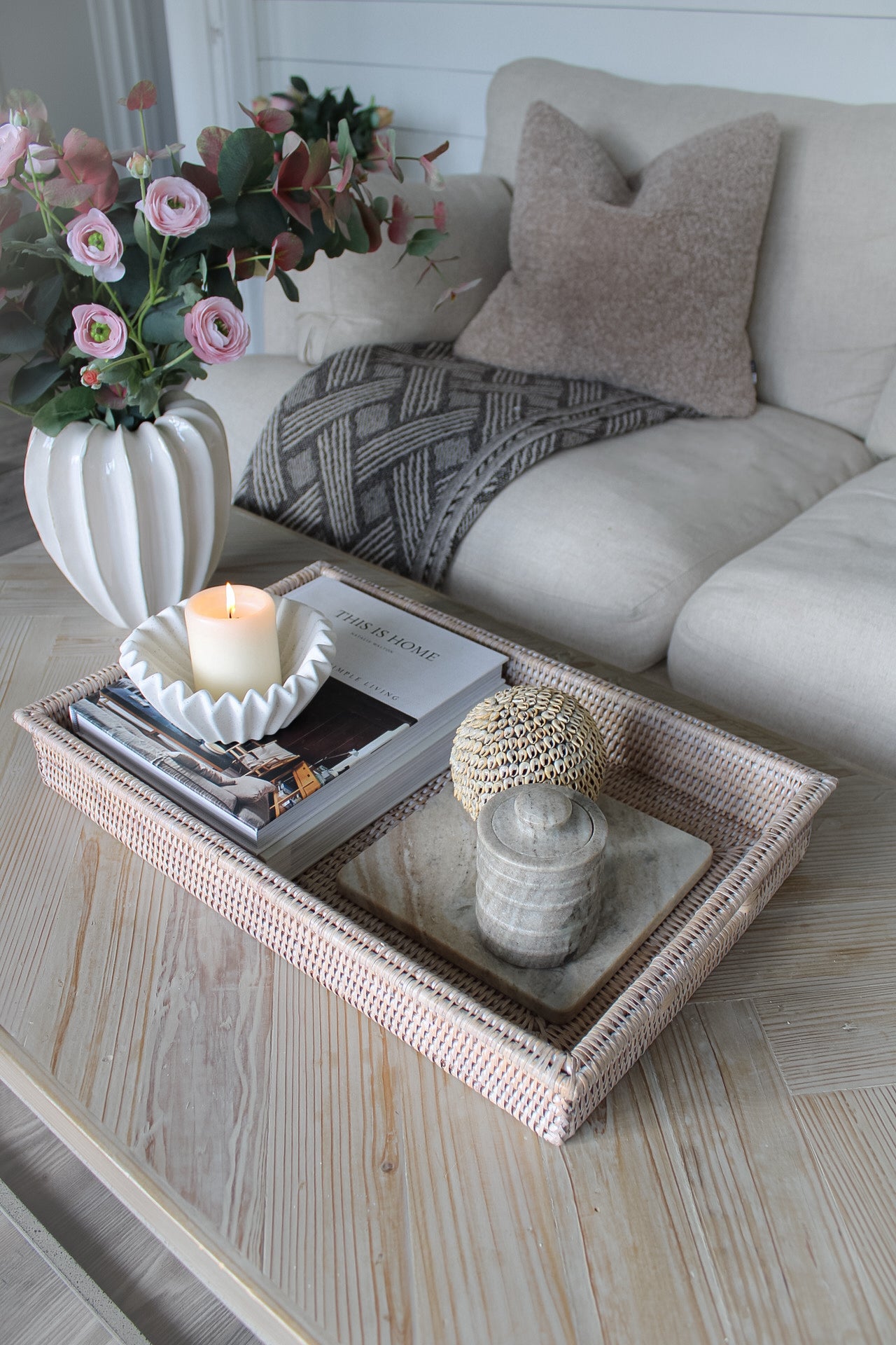 White Washed Rattan Coffee Table Tray